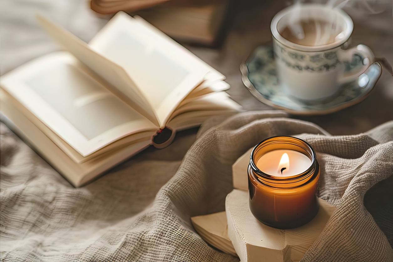 Burning Candle with Wooden Wich in Amber Glass Gar, Open Book and Cup of Coffee or Tea